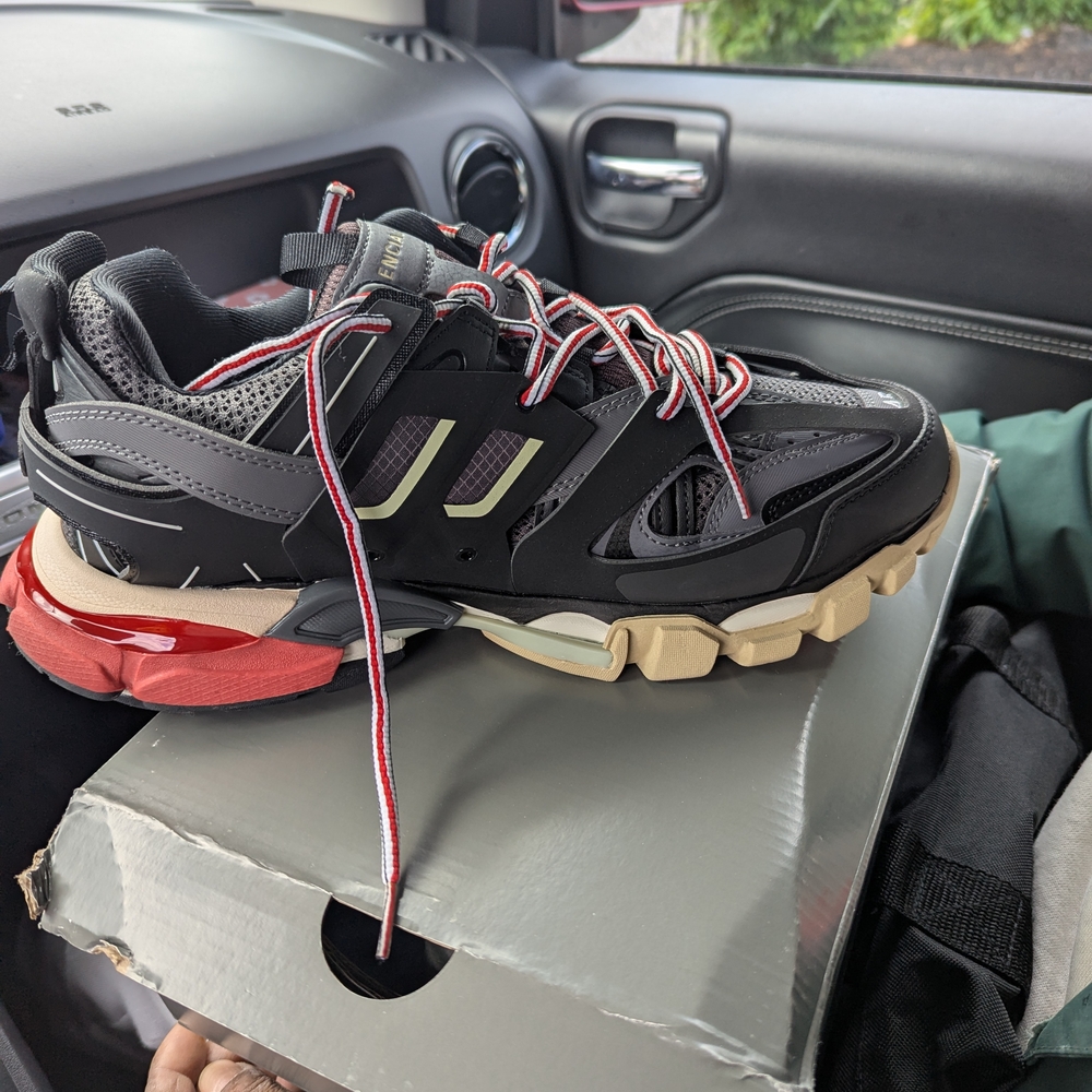 Balenciaga Black and Tan Sneakers with Red Details